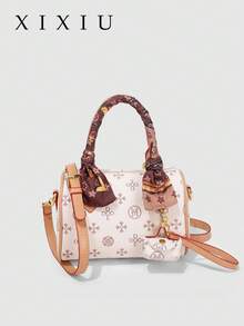 Women Mini Boston Bag Vintage Monogram PU Silk Scarf Decor Detachable Crossbody Strap Pendant Handheld Shoulder Bag Daily Travel - White - View 9