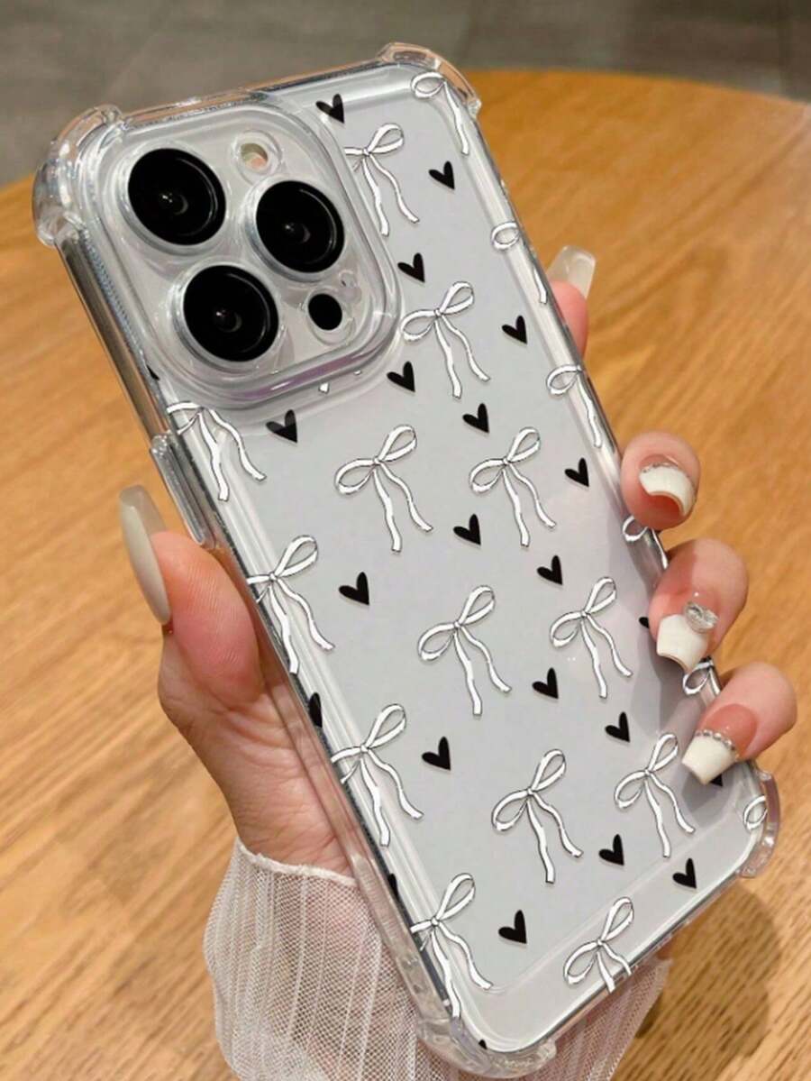 Apple Cute Bow Tie And Heart Design Transparent Shockproof Phone Case Compatible With IPhone 14/15/16/16 Pro Max/12 Pro/11/Xr/Xs/7/8 Plus - TPU Material - 無色 - 查看 1