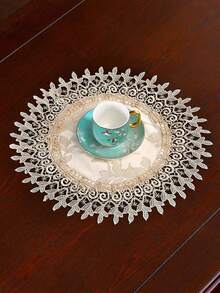 HXARTMIS 1PC Vintage Floral Lace Round Placemat, Embroidered Hollow Lace Trim Decorative Table Mat, Home Tabletop Decor - Light Coffee - View 4
