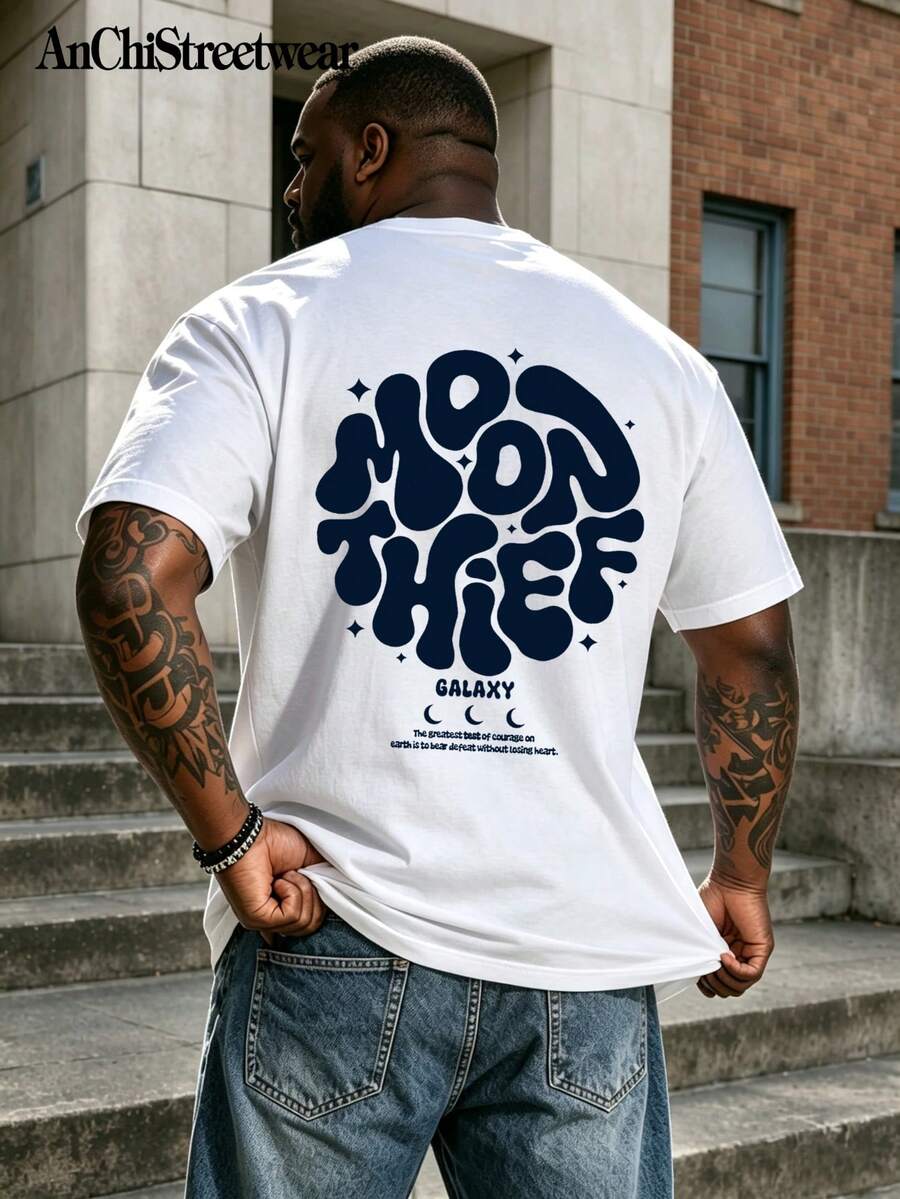 AnChiStreetwear--大尺碼男士時尚休閒圖案字母標語印花短袖T恤 - 白色 - 查看 1