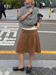 YIU Women's Brown Suede A-Line Skirt, Knee Length Slightly Elastic Casual Elegant Autumn Commute Date Daily Wear - Brown - View 5