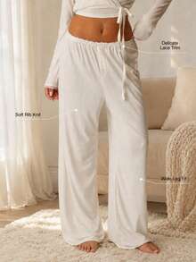 Sodalemon Women's White Ribbed Knit Lace Trim Faux Button Front Wide Leg Pajama Pants, Soft Elastic Waist Sleepwear - White - View 7
