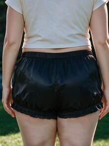 Women Plus Size Shorts Lace Trim Elastic Waist Loose Fit Sleep Shorts - Black - View 6