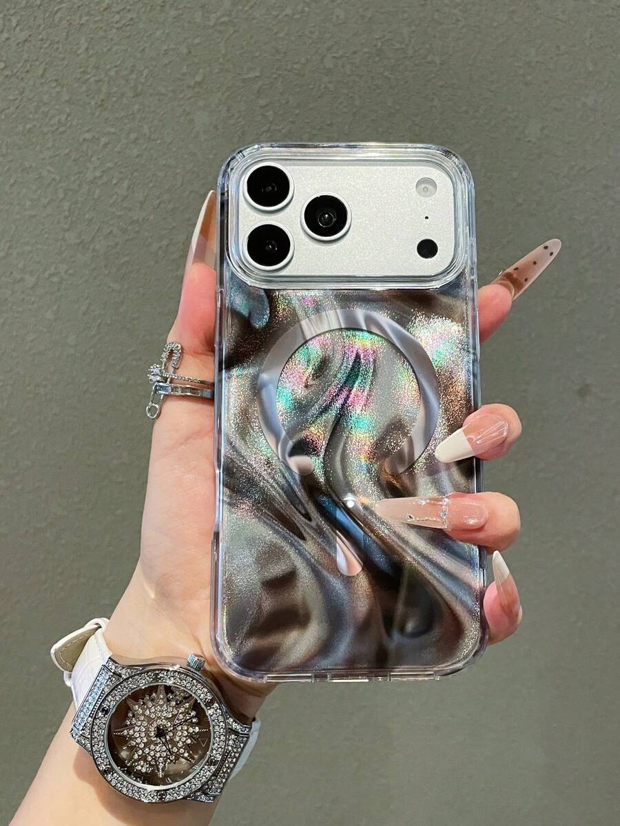 Minimalist Asymmetrical Wavy Element Phone Case, Anti-Drop Design, 1pc Marble Gold-Plated Magnetic Pattern Design, Fashion Aesthetic Casual Style, Suitable For Daily Commute Use, Compatible With IPhone 18/17 Pro/17 Pro Max/16/15 Pro Max - Clear - View 1