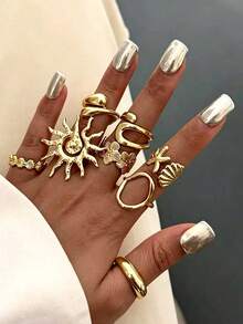 8pcs Bohemian Vintage Beach Women Casual Rings Set Suitable For Daily Wear, Vacation, Date, Party - Yellow Gold - View 2
