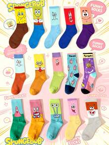 SpongeBob SquarePants 1/5/10雙襪子套組，多款卡通角色圖案中筒襪，聚酯纖維，中性款，趣味印花，適合日常穿著與送禮 - 彩色 - 查看 3