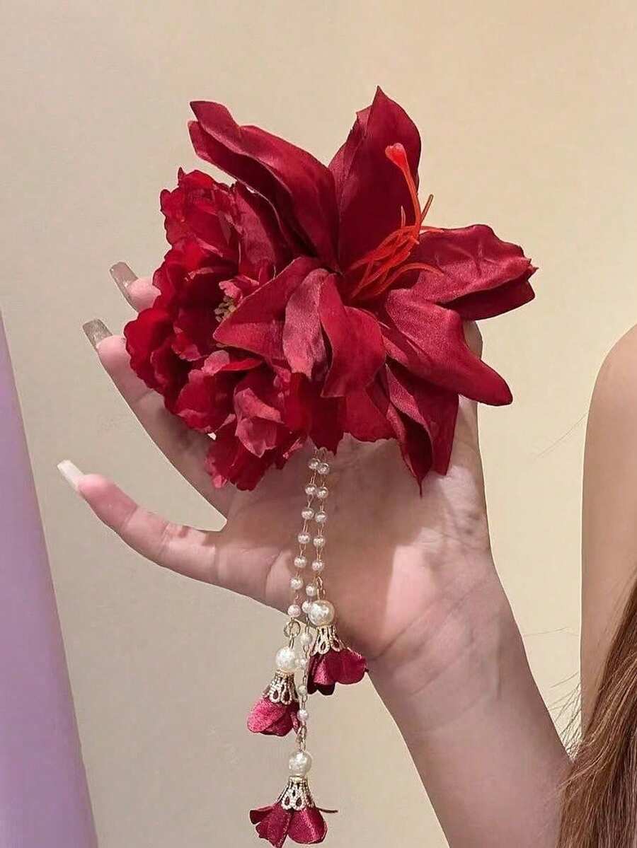 2026新款中式紅花流蘇蝴蝶髮夾女用(背面使用膠水黏貼) - 彩色 - 查看 1