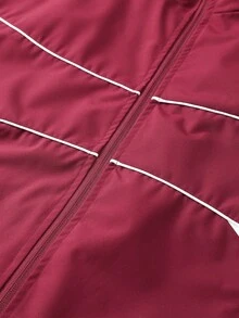 Men's Burgundy & White Line Trim Stand Collar Jacket, Contrast Letter Patchwork, American Retro Loose Streetwear Sports Jacket - Burgundy - View 3