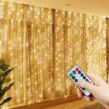 LED 窗簾燈串 - USB 供電銅線聖誕燈，附遙控器，8 種燈光模式，適用於居家裝飾、節日婚禮、聖誕節、生日和派對（窗戶掛飾裝飾） - 暖白光 - 查看 8
