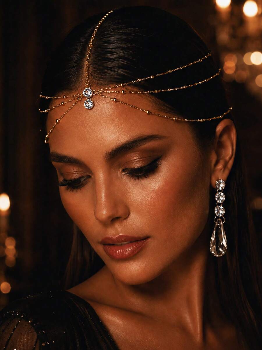 FAAABULS 1pc Women's Gold Multi-Layer Chain Crystal Forehead Jewelry, Elegant Goddess Style Draping Hair Chain Headpiece, Suitable For Wedding, Party, Photography And Special Occasions - Water Droplets - View 1