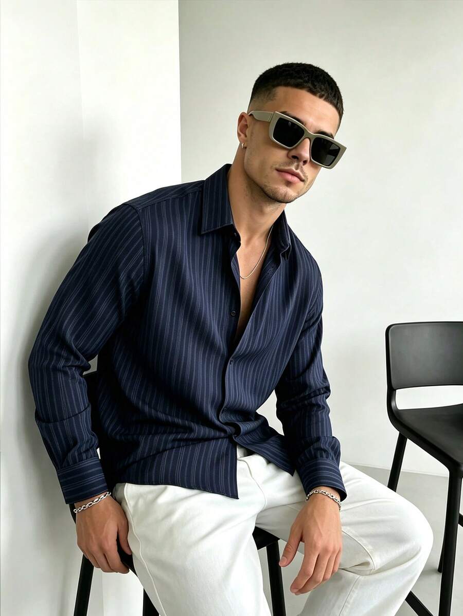 WAIT HIM Camisa casual de manga larga con botones delanteros y estampado de rayas para hombre - Azul - Ver 1