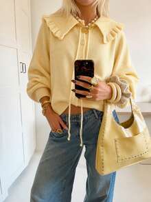 Women's French Style Ruffle Collar Knit Blouse, Long Puff Sleeve Button Drawstring Casual Top, Soft Solid Color Autumn Daily Wear - Yellow - View 7