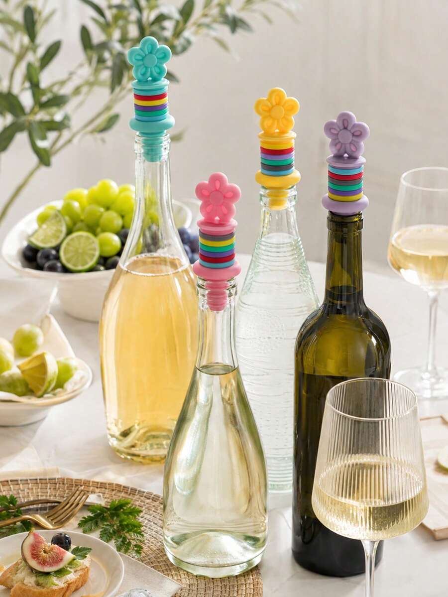 1pc 4-Color Floral Wine Bottle Stopper, Decorative Bottle Seal, Suitable For Red Wine, Beverage Bottles, Home Bar, Party, Birthday Celebration Decoration - Multicolor - View 1