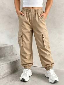 4-7 Years Old Girls Cargo Tapered Long Pants, Multi-Pocket Loose Casual Sports Pants - Khaki - View 3