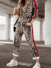 Setelan 2 Potong Wanita, Atasan Lengan Panjang Leher Bulat Motif Leopard + Celana Kasual Warna Kontras dengan Tali Serut, Busana Musim Gugur yang Elegan - Coklat - View 8