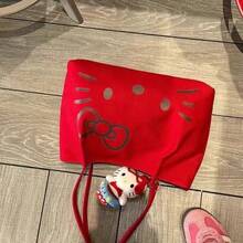 SANRIO حقيبة قماشية بطبعة قطة كرتونية لطيفة، حقيبة كتف نسائية بسعة كبيرة وكاجوال، حقيبة توت عصرية متعددة الاستخدامات - مشاهدة 10