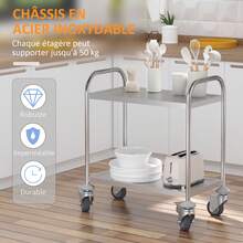 Carrito de cocina con ruedas, 2 estantes, 80 cm de largo x 45 cm de ancho x 82 cm de alto, acero inoxidable cromado. - Multicolor - Ver 9