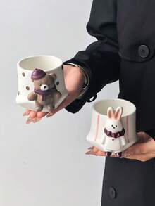 1pc 3D Scarf Bear & Rabbit Ceramic Mug, Hand-Pinch 3D Animal Polka Dot & Striped Water Cup, Cute Cartoon Coffee Cup - Multicolor - View 2