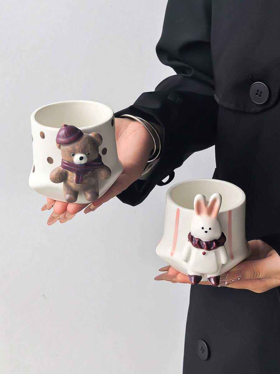 1pc 3D Scarf Bear & Rabbit Ceramic Mug, Hand-Pinch 3D Animal Polka Dot & Striped Water Cup, Cute Cartoon Coffee Cup