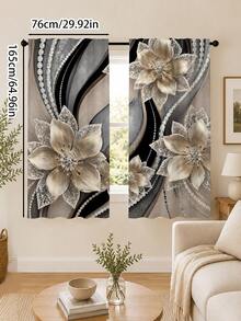 2pcs Luxury Pearl Floral Pattern Printed Curtains, Single-Sided Printing, Semi-Sheer - Rod Pocket Curtains, Bedroom Kitchen Living Room Decor, Multiple Sizes Available, Privacy Protection Machine Washable, Fade-Resistant Curtains, Bedroom Kitchen Living Room Decor (Rod Not Included) - Multicolor - View 14