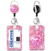 Pink Crystal Diamond Heart Retractable Badge Holder, Girly Pearl Bow Gem Print ID Card Case, Sparkly Heart ID Holder For Student Nurse Doctor Teacher Office Worker For Women - Rectangle - View 1