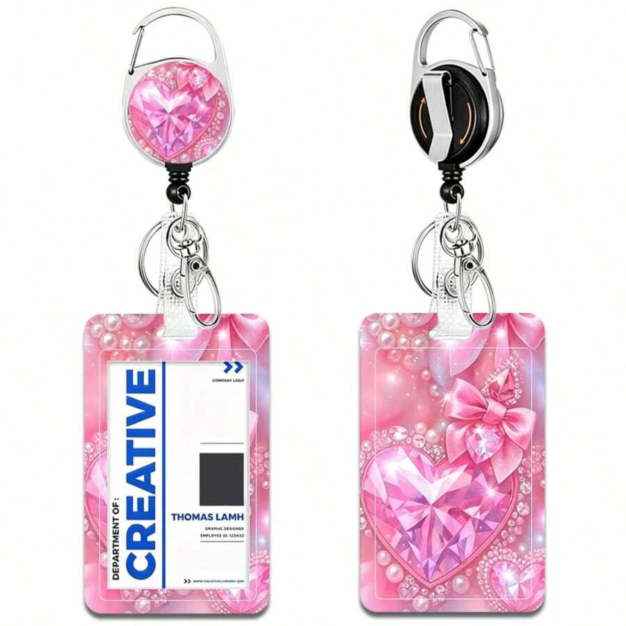 Pink Crystal Diamond Heart Retractable Badge Holder, Girly Pearl Bow Gem Print ID Card Case, Sparkly Heart ID Holder For Student Nurse Doctor Teacher Office Worker For Women - Rectangle - View 1