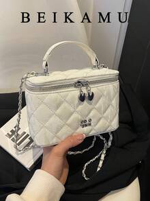 BEIKAMU 1pc Niche Design Rhombus Pattern Handheld Box Bag, New Season Lipstick Coin Purse, Elegant Chic Chain Shoulder Crossbody Bag - White - View 4