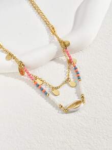 1pc Vacation Style Bohemian Multi-Layer Candy Color Beaded Shell Necklace (Bead Color Random) - Multicolor - View 4