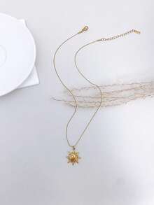 1pc Stainless Steel Waterproof Non-Fading Vintage Smiling Face Moon & Sun Pendant Necklace, Clavicle Chain Suitable For Women's Daily Wear - Gold - View 4