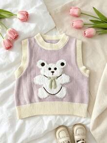 WUHUANG YIYI Áo len gile dệt kim nữ dáng rộng, thêu đắp nổi 3D hình gấu hoạt hình ngọt ngào dễ thương, trang trí nơ, áo khoác ngoài đa năng cho mùa xuân và mùa thu - Màu tím hoa cà - Xem 7