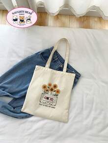 Bolsa de compras con estampado de girasoles - Beis - Ver 3