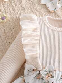 Autumn/Winter Baby Girl Cute Apricot Fuzzy Flutter Sleeve Ruffle Long Sleeve Gentle Floral Bow Bodysuit & Bow Socks & Floral Headband - Apricot - View 7