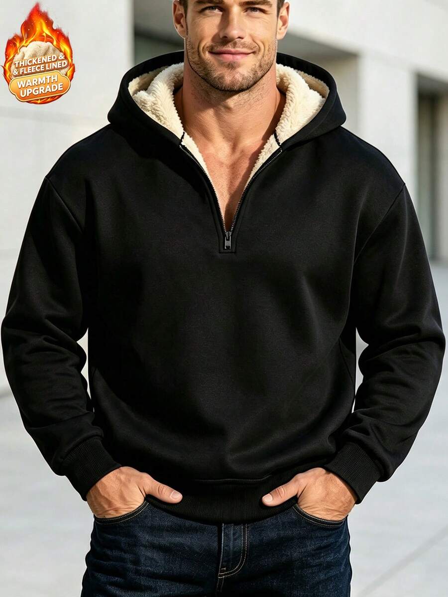 Men's Solid Half Zip Hoodie, Fleece Lined Pullover Hooded Sweatshirt For Fall Winter Daily Wear - Black - View 1
