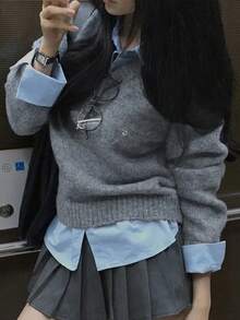 Autumn/Winter Sweater Design Layered 2 In 1 Long Sleeve Knit Sweater - Flower Grey - View 4