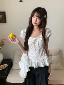 Women's Polka Dot Print Lace Trim Tie Waist Ruffle Hem T-Shirt White Casual Summer - White - View 1
