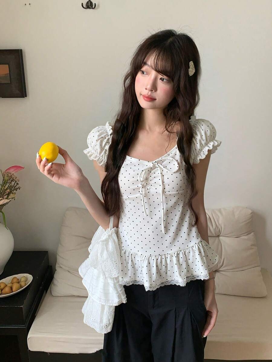 Women's Polka Dot Print Lace Trim Tie Waist Ruffle Hem T-Shirt White Casual Summer - White - View 1