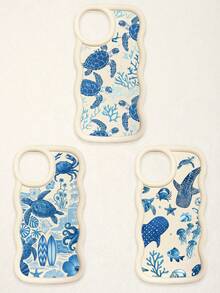 3 Pcs Wavy White Edge Ocean Sea Turtle Print Phone Case, Blue Tone Underwater Creature Illustration Soft Shell, Thickened Wavy Frame Full Coverage Anti-Drop TPU Phone Cover, Ins Vacation Style Niche Fresh Digital Accessory; Suitable For Valentine's Day, Easter, Mother's Day, Father's Day, Independence Day, Halloween, Thanksgiving, Christmas, New Year, Birthday, Back To School Gifts, Compatible With IPhone 17/17 Pro - Multicolor - View 31