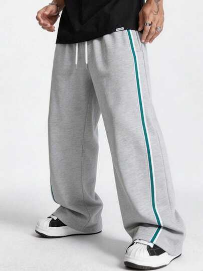 Manfinity Men's Contrast Side Stripe Drawstring Waist Wide Leg Sweatpants, Casual Loose Fit Sports Track Pants With Pockets