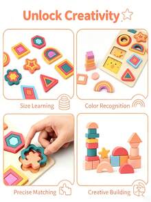 Mainan Puzzle Kayu Multifungsi 2 Bagian, Menggabungkan Pengenalan Hewan, Identifikasi Bentuk, Pencocokan Warna, Penumpukan, dan Membangun Berbagai Cara Bermain. Warna Lembut dan Kaya, Balok Besar Mudah Digenggam, Permukaan Halus. - MultiWarna - View 7