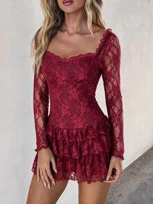 Dila Polly Women's Lace Patchwork Pleated Sexy Date Long Sleeve Dress, Ruched Hem Red Mini Dress, Return To School Fall/Winter Homecoming - Burgundy - View 3