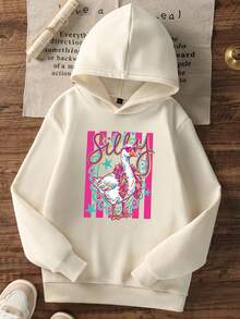Tween Girls Pullover Hoodie, Silly Duck Colorful Cartoon Front Graphic Print, Fall Winter Casual Daily Tops - Apricot - View 3