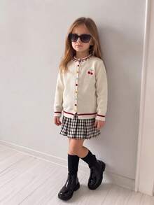 Girls Cherry Embroidered Knit Cardigan, Cute Preppy Button Front Sweater, Round Neck Long Sleeve, Colorful Buttons, Back To School Autumn Outfit - Multicolor - View 4