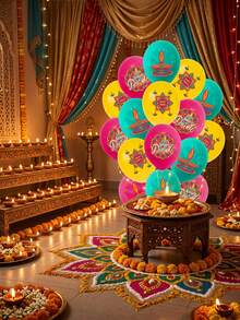 18pcs/Set Diwali Festival Decoration Balloons Set, Printed With Oil Lamp, Lotus, Diwali Patterns, Suitable For Diwali Party Decoration, Diwali Props And Home Decor - Multicolor - View 4