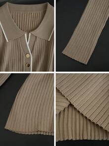 Women's Polo Collar Knit Sweater, Autumn/Winter White Contrast Ribbed Slim Fit Top, Daily Commute Date Versatile Korean Soft Style Base Layer Fall - Camel - View 10