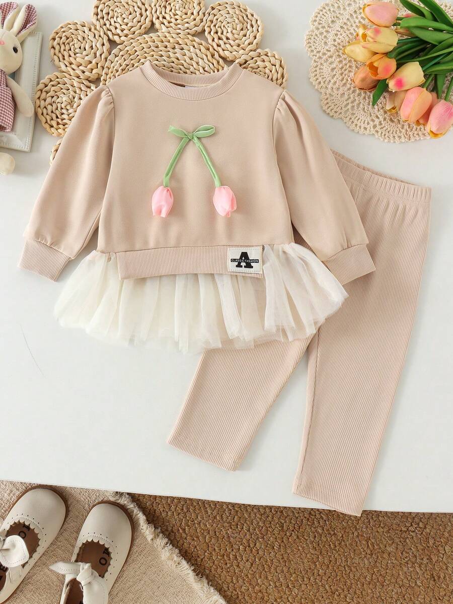 2pcs Baby Girl Fresh Pastoral Style 3D Flower Decor Mesh Hem Sweatshirt & Solid Color Leggings Set, Spring/Autumn - Apricot - View 1