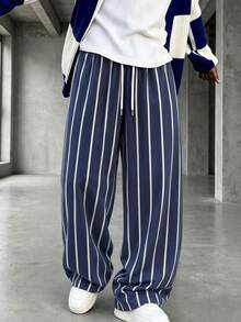 GRDR Men's Summer Striped Loose Drapey Casual Drawstring Elastic Waist Wide Leg Long Pants - Navy Blue - View 1