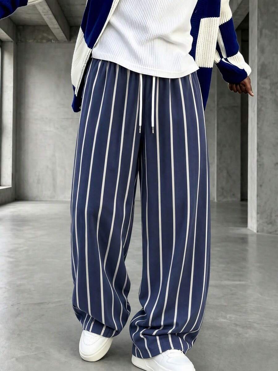 GRDR Men's Summer Striped Loose Drapey Casual Drawstring Elastic Waist Wide Leg Long Pants - Navy Blue - View 1