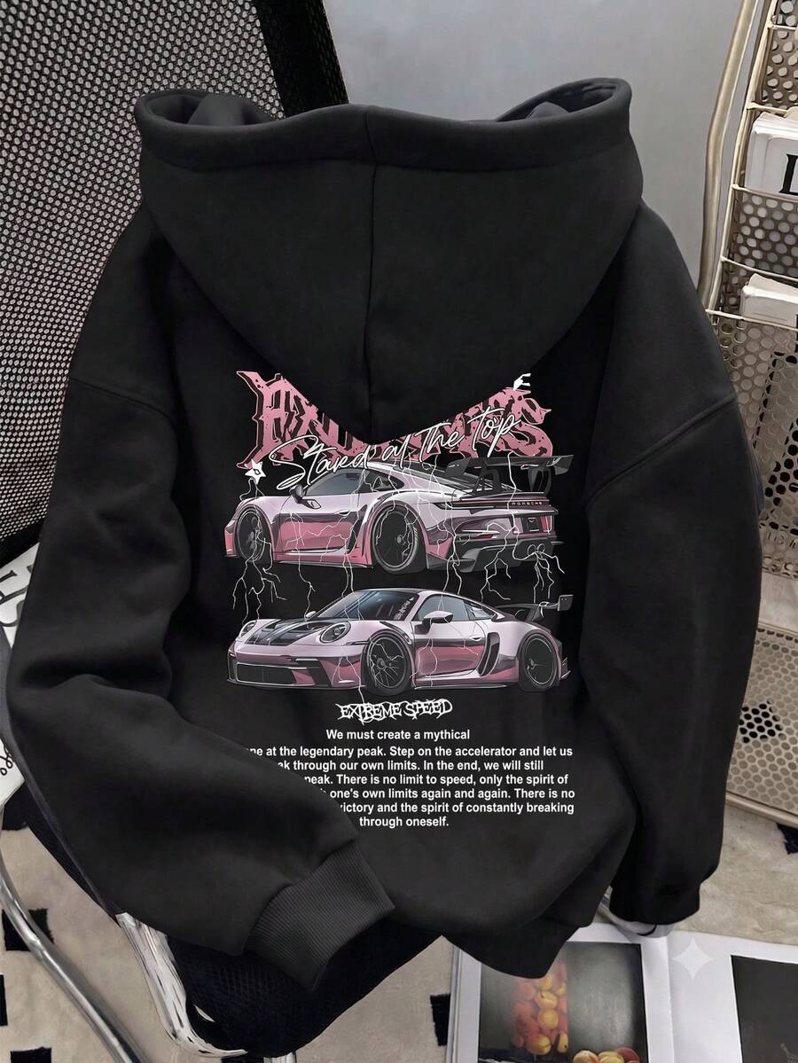 Pakaian Perjalanan Bandara Musim Gugur Terbaru untuk Wanita: Kaos Sweatshirt Hitam dengan Slogan Balap - Hitam - View 1