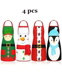 4 Pcs Christmas Cartoon Character Print Apron Set, Penguin Santa Snowman Elf Pattern Kitchen Cooking Baking Aprons For Holiday Party Home Decoration - Multicolor - View 2