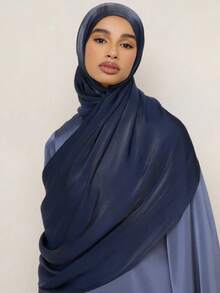 1pc Women's Minimalist Classic Solid Color Organza Shiny Elegant Casual Edged Jersey Hijab Scarf, Suitable For Daily Life, Outings And Gatherings - Navy Blue - View 2